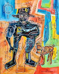 Jean Michel Basquiat American 1960 - 1988 Untitled Acrylic on canvas Painting Haring Warhol Pop Art: An Acrylic on Canvas painting, untitled, executed with a mixed media technique, and measuring 20 x 16 inches. This artwork hails from a private collection in West Palm Beach and is elegantly framed.Th