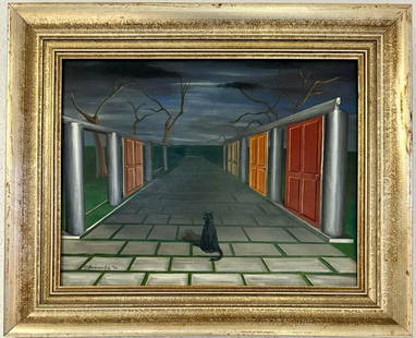 Gertrude Abercrombie American 1907-1977 Oil on Masonite Painting Surrealist Magritte Dali Era.: A beautiful American surrealist painting created with the oil on Masonite technique, boasting dimensions of 14 x 18 inches. This artwork has a distinguished provenance, originating from a Private