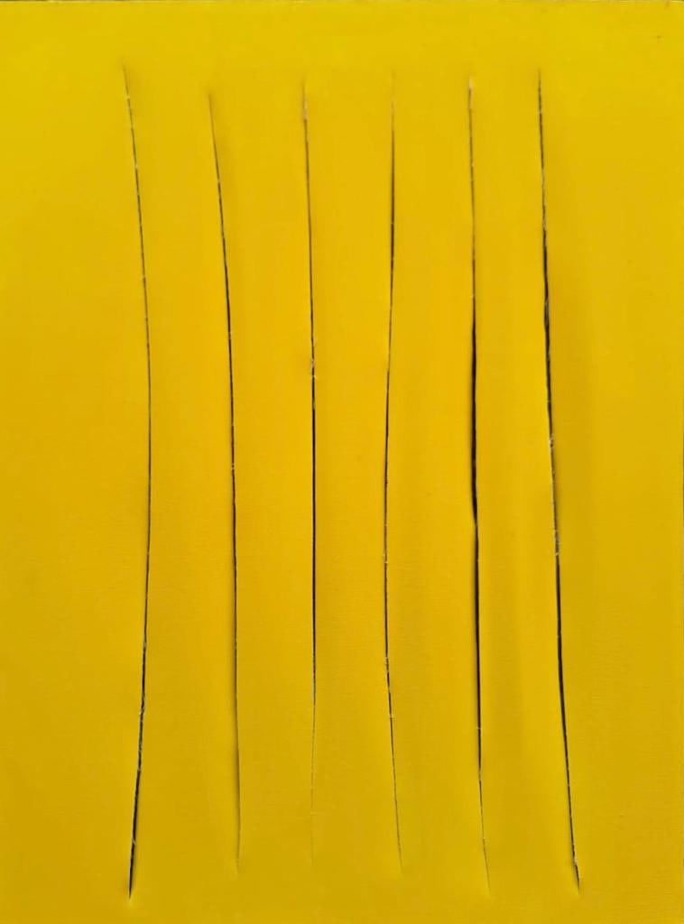 Lucio Fontana Argentine-Italian 1899-1968 Oil on canvas painting founder of Spatialism: A unique oil on canvas painting employing the Spatialism technique, measuring 23 1/2 x 31 inches. This artwork has a distinguished provenance, originating from a Private Collection in New York and pur