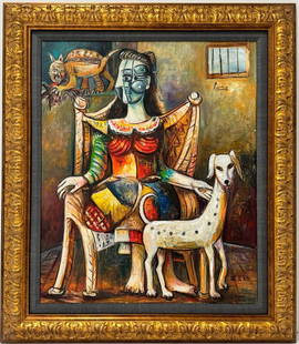 Pablo Picasso Spanish 1881 1973 Oil On Canvas Painting Woman sitting COA Cubism Braque Juan Gris: A captivating oil on canvas painting featuring a woman seated with a dog and a cat, this remarkable piece measures 30 x 25 inches. Its fascinating history traces back to a private collection in