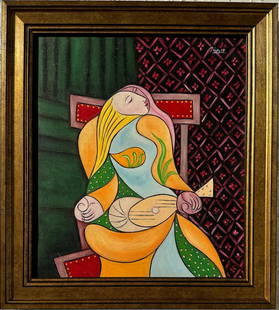 Pablo Picasso Spanish1881-1973 Oil on canvas Painting COA Renowned Spanish artist Leger Chagall: A captivating oil on canvas painting featuring a woman seated in a chair and adorned with a gold frame, this extraordinary artwork measures 16 x 14 inches. Its distinguished provenance traces back to