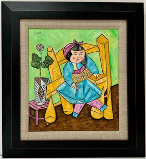 Pablo Picasso Spanish1881-1973 Oil on canvas Painting Girl Sitting on a chair COA Leger Era.: A captivating oil on canvas painting featuring a girl seated in a chair this extraordinary artwork measures 16 x 14 inches. Its distinguished provenance can be traced back to a private collection in F