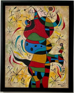 Joan Miro Spanish 1893 - 1983 COA Surrealism Dali Picasso era Oil on Canvas: A captivating and truly unique oil on canvas painting showcases a colorful figure, a signature characteristic of the artist's work, with dimensions measuring 25 x 15 inches. This artwork, skillfully