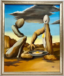 Salvador Dali Spanish 1904 - 1989 untitled Oil on Canvas Painting Surrealist COA Miro Magritte Era.: A surrealist artwork featuring a man with a staircase for a hand cooking an egg. This distinctive oil on canvas painting employs the technique of oil on canvas and measures 24 x 20 inches. Its provena