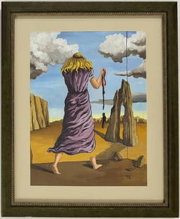 Salvador Dali Spanish 1904 - 1989 untitled Guache on Paper Painting Surrealist COA Magritte Era.: This surrealist painting depicts a woman walking in a desert, holding blood against a backdrop of a vivid blue sky. Another noteworthy surrealist artwork showcases a man with a staircase for a hand wh