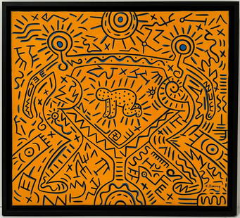 Keith Haring American 1958 - 1990 Acrylic on canvas Painting Appraisal Warhol Haring Pop Art Era.: An acrylic on canvas painting, expertly executed with dimensions measuring 18 x 20 inches. The provenance of this artwork is traced to a Private Collection in New York, acquired by a friend of the