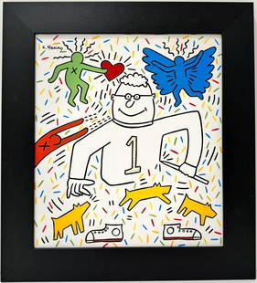 Keith Haring American 1958 - 1990 Acrylic on canvas Painting Appraisal Warhol Haring Pop Art Era.: An acrylic on canvas painting, expertly executed with dimensions measuring 20 x 18 inches. The provenance of this artwork is traced to a Private Collection in New York, acquired by a friend of the art