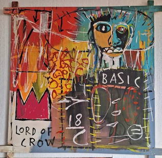 Jean Michel Basquiat American 1960 - 1988 Untitled Acrylic on canvas Painting Haring Warhol Pop Art: This untitled painting depicts a man adorned with a crown and is rendered in acrylic on canvas using a mixed media technique, measuring 31 x 31 inches. The artwork originates from a private collection