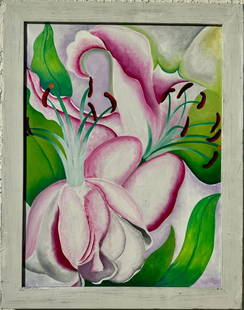 Georgia O'Keeffe American 1887 - 1986 Untitled Oil On Canvas Painting Modern American Art Flower: A captivating abstract painting featuring flowers, crafted by an American artist. Dimensions are 31 x 23 inches, and the technique employed is oil on canvas. The painting has a provenance from a