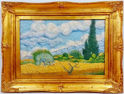 Vincent Van Gogh Dutch 1853-1890 Oil on canvas. Paul Gaugin, Cezanne, Degas Era: This oil-on-canvas painting captures a scenic landscape featuring a vibrant sun, a hallmark characteristic of the artist's body of work. The dimensions of the artwork are 18.5 x 18.5 inches, and it ha