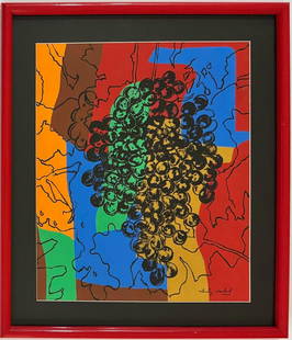 Andy Warhol American 1928-1987 Gouache on paper Painting Pop Art Era: This vibrant gouache on paper painting features a lively composition with grapes at the center against a colorful background. The artwork measures 16 x 13 inches, adding to its dynamic and expressive