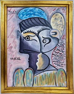 Pablo Picasso Spanish1881-1973 Oil on canvas Painting Renowned Spanish artist Braque Leger Chagall: An extraordinary oil on canvas painting, featuring a portrait that vividly captures the essence of a woman. Measuring 31 x 23 inches, with an illustrious provenance. This captivating piece originates