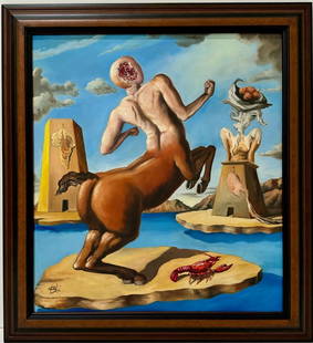 Salvador Dali Spanish 1904 - 1989 Oil on Canvas Painting COA Magritte Ernst De Chirico Era: This surrealist oil canvas, bearing the unmistakable style of the artist, portrays a centaur on divergent paths, accompanied by a scorpion. An extraordinary and substantial piece, the painting measure