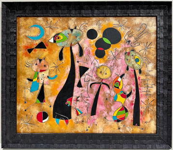 Joan Miro Spanish 1893 - 1983 Surrealism Dali Picasso era Oil on Canvas: This surrealist painting, bearing distinct characteristics of the artist, portrays what seems to be a gathering of individuals, possibly a family. Measuring 20 x 24 inches, this exceptional work has a