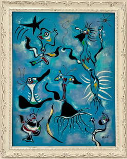 Joan Miro Spanish 1893 - 1983 Surrealism Dali Picasso era Oil on Canvas: This surrealist painting, exemplifying the distinctive style of the artist, portrays a captivating scene of various birds in flight against the sky. Measuring 18.5 x 14.5 inches, this exceptional artw