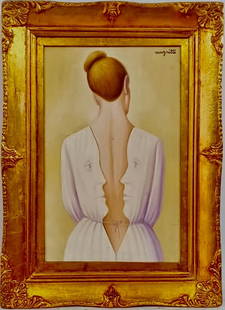 Rene Magritte Belgian 1898 - 1967 Untitled Oil on Canvas Painting COA Dali Miro Chirico Era: This oil on canvas artwork portrays a woman wearing a white dress, with the intriguing feature of two face-like shapes looking at each other on her back. Measuring 18 x 12 inches, this captivating pie