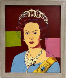 Andy Warhol American 1928-1987 The Queen Acrylic on Canvas Painting Pop Art Era: This vibrant acrylic on canvas artwork features an iconic depiction of Queen Elizabeth. Measuring 24 x 20 inches, this captivating piece holds a fascinating history, originating from a private