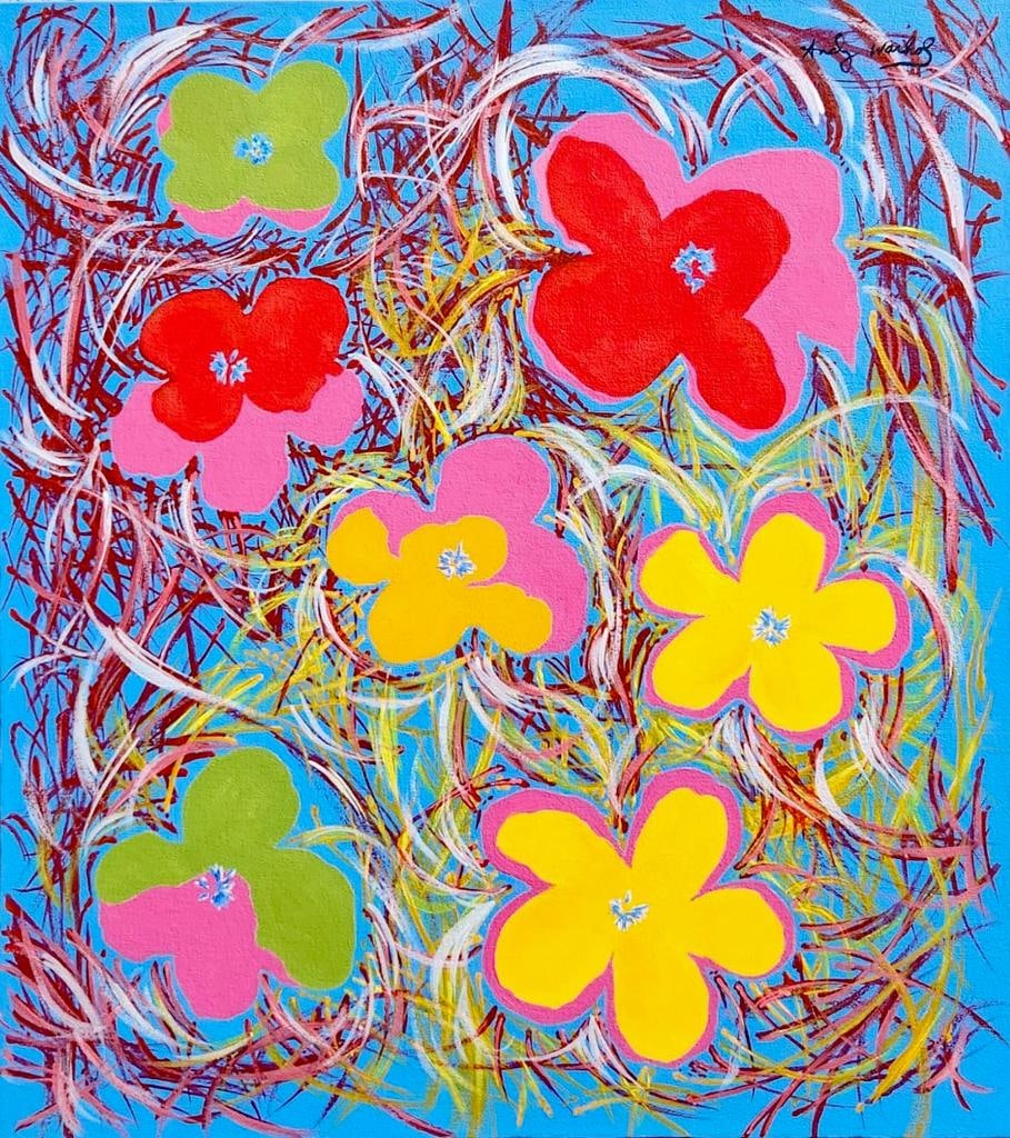 Andy Warhol American 1928-1987 The Queen Acrylic on Canvas Painting Pop Art Era: This lively acrylic on canvas artwork captures a vibrant array of flowers in various hues. Measuring 20 x 18 inches, this captivating piece has an interesting history, originating from a private colle