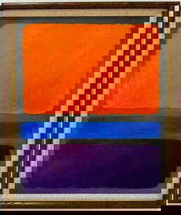 Mark Rothko Russian / American 1903 - 1970 Untitled Oil on canvas painting Appraisal Pollock Kline: This abstract painting, distinguished by its use of four colors—orange, blue, purple, red, and black—measures 32 x 24inches. With an intriguing history, it comes from a private collection in New Y