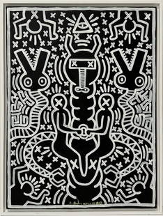 Keith Haring American 1958 - 1990 Acrylic on canvas Painting Appraisal Warhol Haring Pop Art Era.: This monochromatic acrylic on canvas painting, measuring 31 x 23 inches, showcases distinctive features characteristic of the artist. Its fascinating history originates from a private collection in Ne