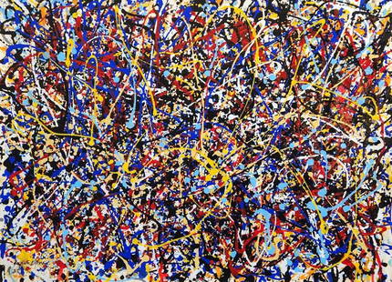 Jackson Pollock American Oil on canvas Painting Appraisal Rothko Kline Era.: This abstract oil on canvas painting, measuring 26 x 34 inches, employs predominantly red, yellow, blue, and black hues with distinctive traces indicative of the artist's style. Its captivating histor