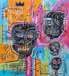 Jean Michel Basquiat American 1960 - 1988 Untitled Acrylic on canvas Painting Haring Warhol Pop Art: This acrylic on canvas painting, measuring 20 x 18 inches, portrays four heads against a vibrant and colorful background. The artwork has a captivating history, originating from a private collection i