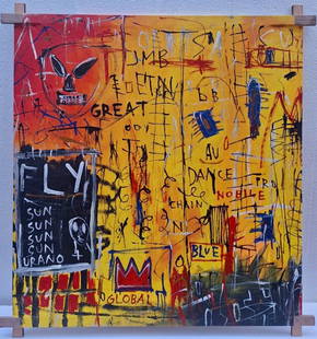 Jean Michel Basquiat American 1960 - 1988 Untitled Acrylic on canvas Painting Haring Warhol Pop Art: This acrylic on canvas painting, measuring 29 x 39 inches, portrays a head adorned with various signs, a crown, and other distinctive artistic features. The artwork holds a fascinating history, origin