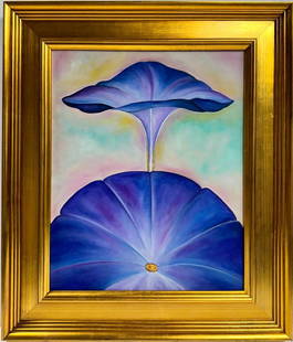 Georgia O'Keeffe American 1887 - 1986 Untitled Oil on Canvas Painting COA Abstract Expressionist Era: This oil on canvas painting, measuring 20 x 16 inches, captures the essence of a blossoming purple flower. The artwork possesses a captivating history, originating from a private collection in New