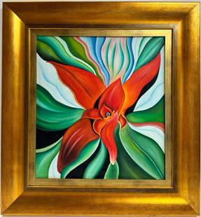 Georgia O'Keeffe American 1887 - 1986 Untitled Oil on Canvas Painting COA Abstract Expressionist Era: This oil on canvas painting, measuring 20 x 18 inches, captures the essence of a blossoming red flower. The artwork possesses a captivating history, originating from a private collection in New York.