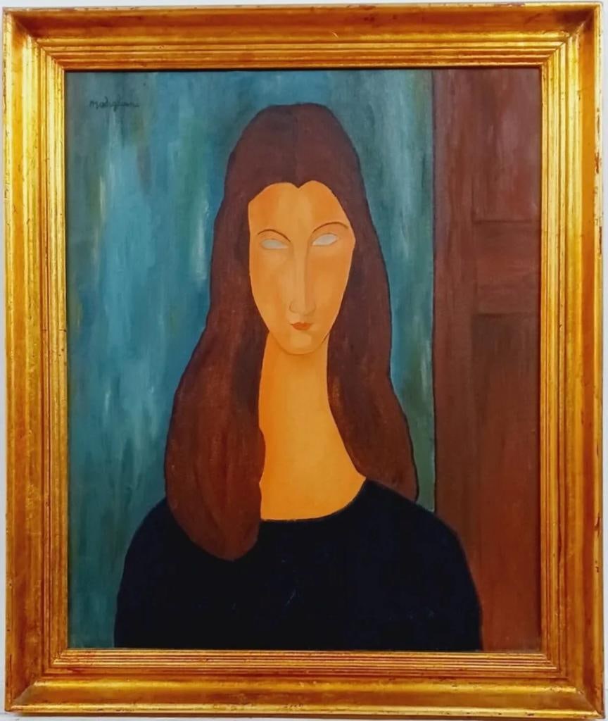 Amedeo Modigliani 1884 - 1920 Italian Oil on Canvas. Modigliani. Utrillo.Brancusi Era: This oil on canvas painting, measuring 28 x 24 inches, depicts the portrait of a woman with flowing brown hair against a serene blue background. Originating from a private collection in France, this i