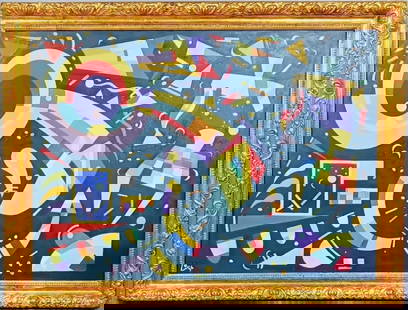 Wassily Kandinsky 1866 - 1944 Oil on Canvas. Mondrian. Kazimir Malevich Era: This oil on canvas painting, measuring 28 x39 inches, showcases an abstract composition featuring geometric shapes and a vibrant palette using a black background. Originating from a private collection