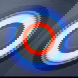Wojciech Fangor 1922 - 2015 Poland Oil on Canvas Op-Art: This oil on canvas painting, measuring 43 x 43 inches, features a composition of circles with varying dimensions. Originating from a private collection in Europe, this captivating masterpiece carries