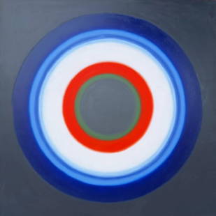 Wojciech Fangor 1922 - 2015 Poland Oil on  Canvas Op-Art: This oil on canvas painting, measuring 43 x 43 inches, features a composition of circles with varying dimensions. Originating from a private collection in Europe, this captivating masterpiece carries