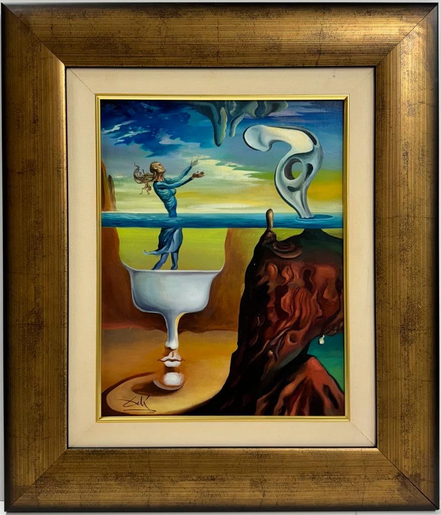 Salvador Dali Spanish 1904 - 1989 Oil on Canvas Painting COA Magritte Ernst Picasso Era: This oil on canvas artwork portrays a woman emerging from a white cup in the sea. An extraordinary and substantial oil on canvas painting, it measures 18 x 14 inches and is presently held in a private