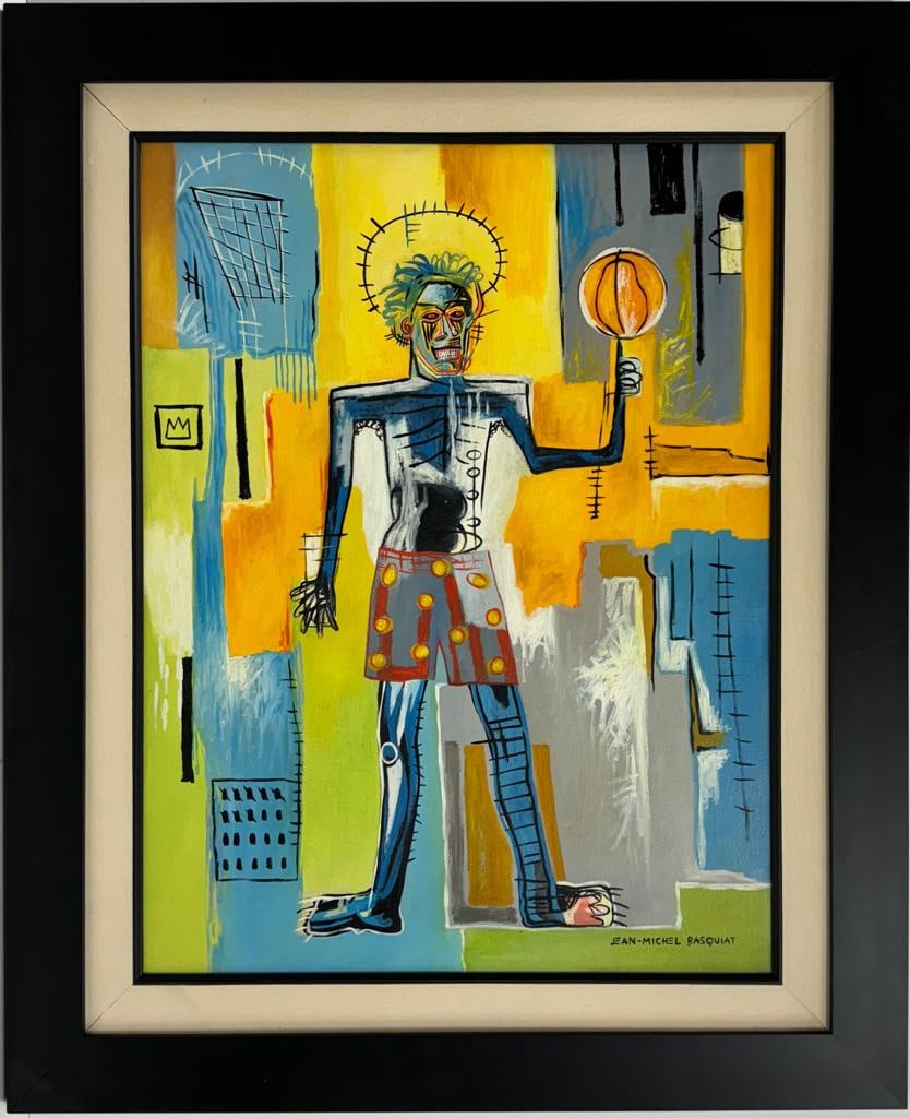 Jean Michel Basquiat American 1960 - 1988 Untitled Acrylic on canvas Painting Haring Warhol Pop Art: This acrylic on canvas artwork portrays a vibrant character holding a basketball. It is an extraordinary and substantial piece, measuring 26 x 20 inches, and is currently housed in a private collectio