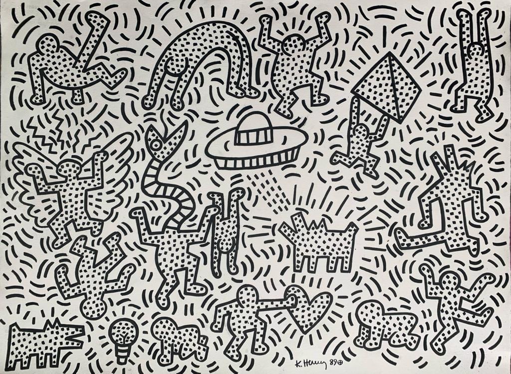 Keith Haring American 1958 - 1990Ink on Paper Painting Appraisal Warhol Haring Pop Art Era.: This ink on paper artwork features distinct black and white characters that are highly characteristic of the artist's style. It is an exceptional and substantial piece, measuring 22 x 30 inches, and i