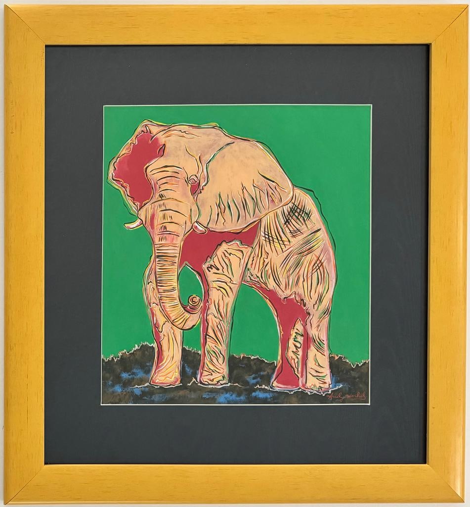 Andy Warhol American 1928-1987 Gouache on Paper Painting Haring Pop Art Era: This gouache on paper artwork captures an elephant against a vibrant green background. Measuring 15 x 13.5 inches, this captivating piece has a fascinating history, originating from a private collecti