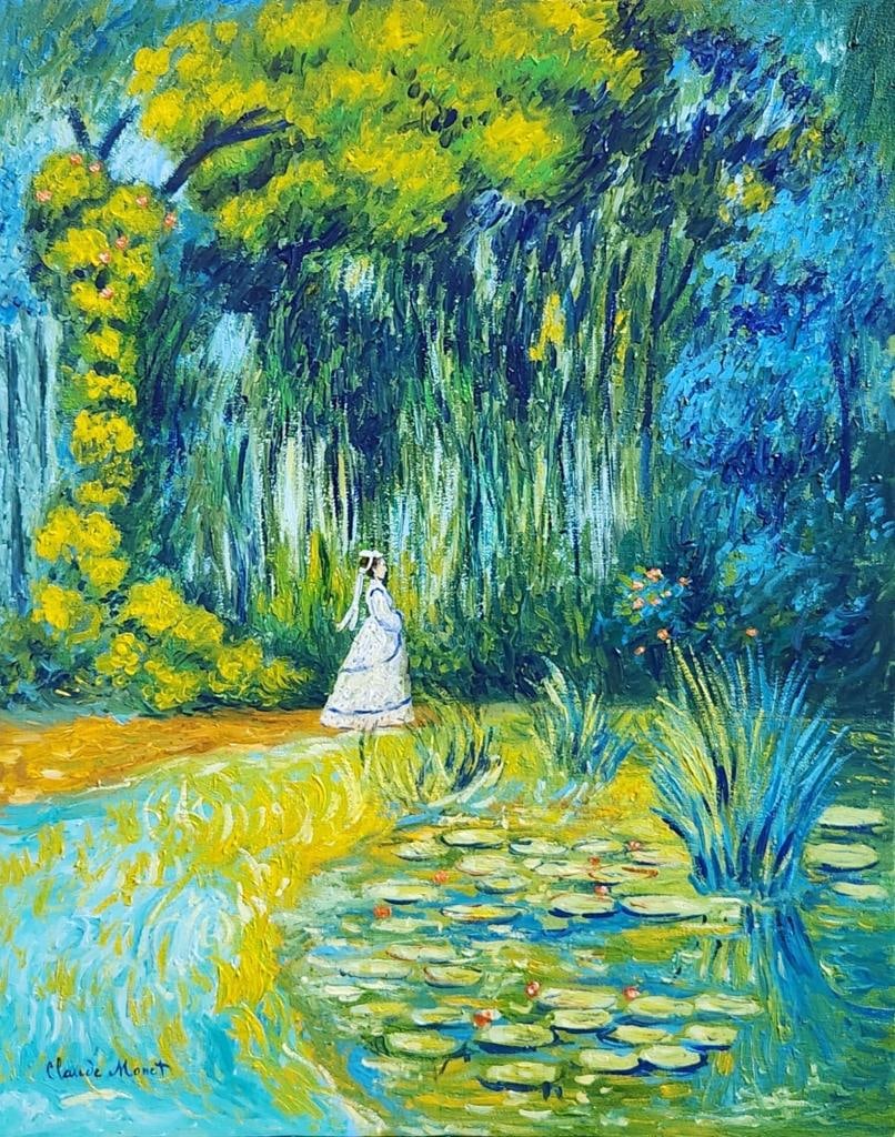 Claude Monet French 1840 - 1926 Oil on Canvas Painting Renoir/Manet/Pissarro Era.: This painting on canvas, with dimensions of 15 x 20 inches, portrays a woman strolling through a lush and scenic landscape. Originating from a private collection in France, this captivating masterpiec