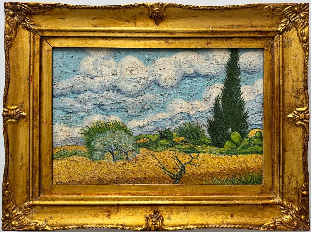 Vincent Van Gogh Dutch 1853-1890 Oil on canvas. Paul Gaugin, Cezanne, Degas Era: This oil-on-canvas painting captures a scenic landscape featuring a vibrant sun, a hallmark characteristic of the artist's body of work. The dimensions of the artwork are 18.5 x 18.5 inches, and it ha