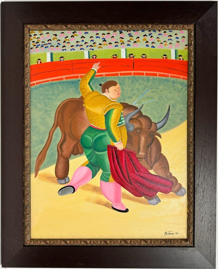 Fernando Botero Colombian 1932-2023 Oil on Canvas painting Colombian Latin American Boterismo: This oil on canvas painting depicts a bullfight. Measuring 31 x 23 inches, this captivating figurative artwork is skillfully executed using the oil-on-canvas technique. It originates from a private co
