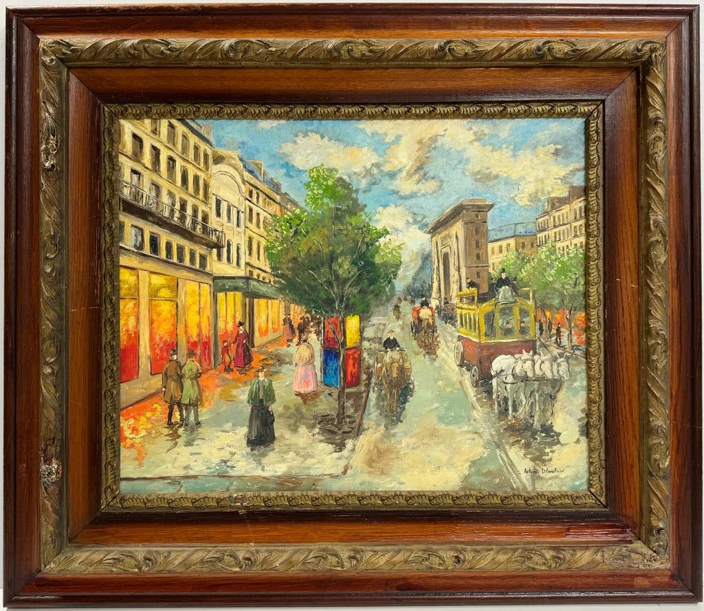 Antoine Blanchard 1910-1988 French Renoir, Degas, Monet Impressionist Era: This distinctive artwork captures a city street scene with people walking, horse-drawn carriages as transportation, and towering buildings. Measuring 16 x 20 inches, this skillfully executed piece uti