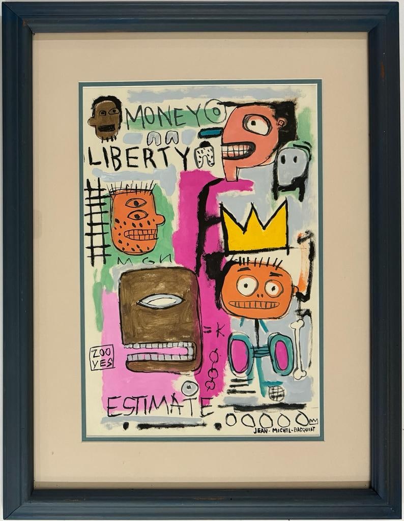 Jean Michel Basquiat American 1960 - 1988 Mixed Media on Paper Painting Haring Warhol Pop Art: This artwork, created with mixed media on paper and measuring 17 x 11.5 inches, depicts diverse characters alongside symbols of liberty and money. With an intriguing history, it originated from a priv