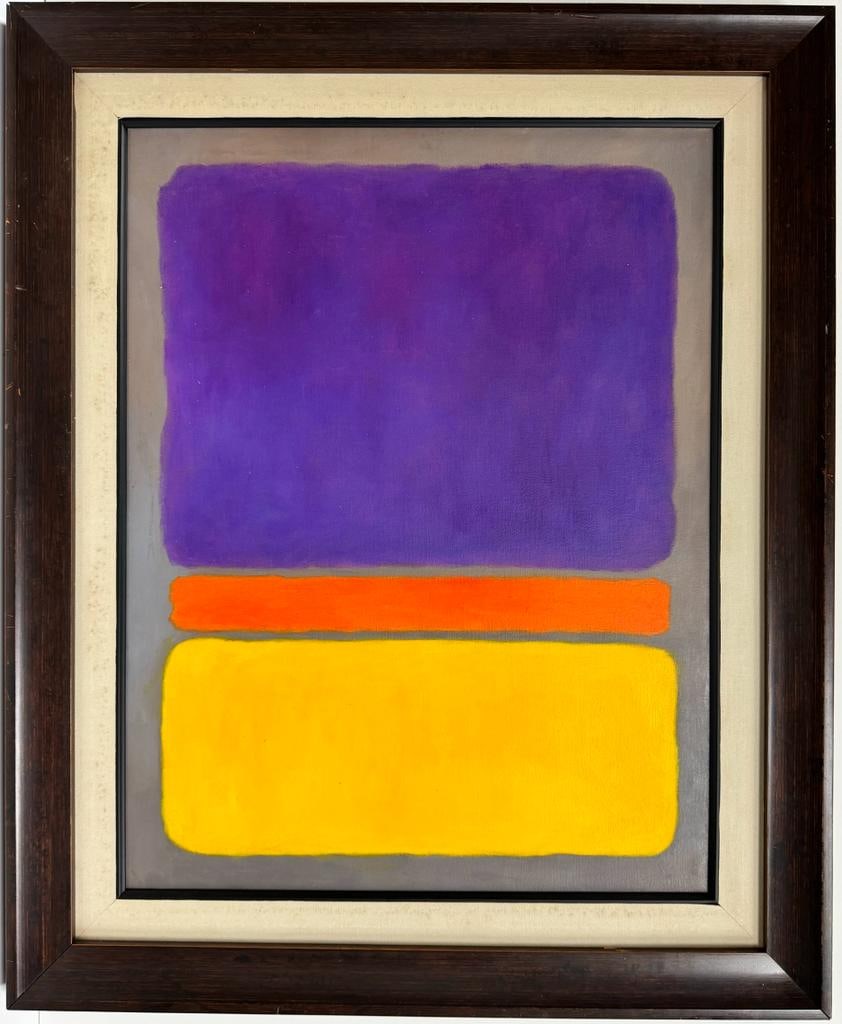 Mark Rothko American 1903 - 1970 Untitled Oil on canvas painting Appraisal Pollock Kline: This abstract painting, distinguished by its use of four colors—orange, grey, and purple measures 26 x 20 inches. With an intriguing history, it comes from a private collection. Executed with expert