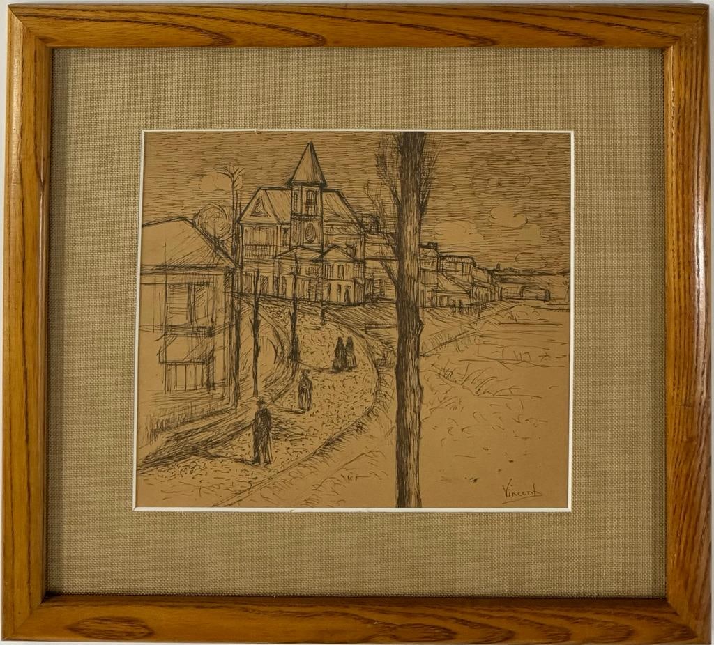 Vincent Van Gogh Dutch 1853-1890 Ink on Paper. Paul Gaugin, Cezanne, Degas Post-Impressionist Era: This painting, created with ink on paper and measuring 8 1/4 x 9 1/2 inches, wonderfully depicts a stroll through the city. Originating from a private collection in Europe, this masterful piece carrie
