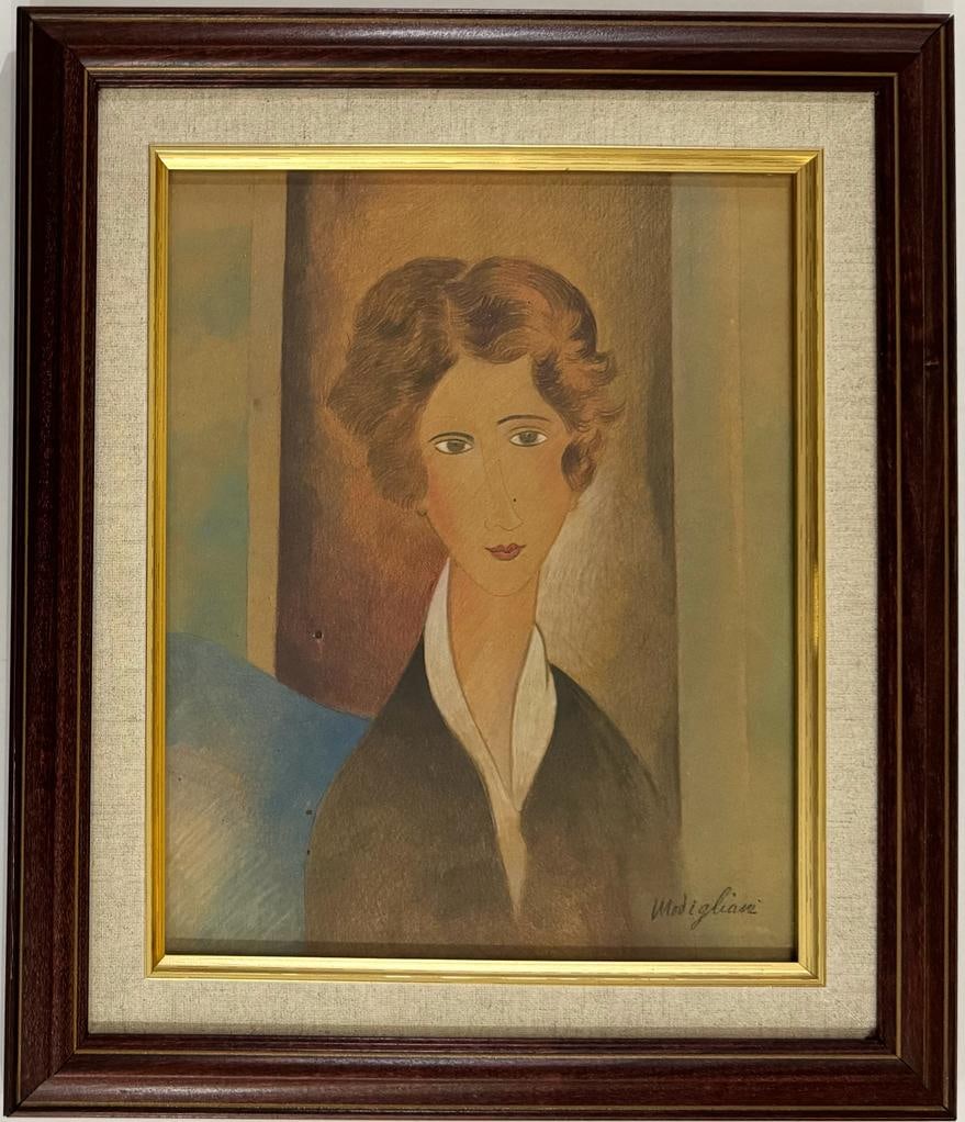 Amedeo Modigliani 1884 - 1920 Italian Watercolor on Paper. Modigliani. Utrillo.Brancusi Era: This painting, rendered in watercolor on paper and sized at 12 x 9.5 inches, portrays the portrait of a woman with short brown hair. With its origins in a private collection in Europe, this captivatin
