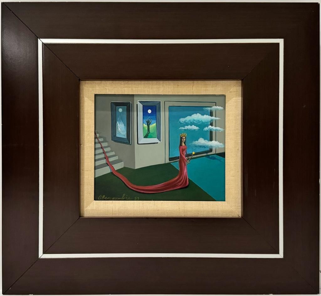 Gertrude Abercrombie American 1907-1977 Oil on Masonite Painting Surrealist Magritte Dali Era.: An exquisite American surrealist painting, crafted using the oil on Masonite technique, depicts a woman in a flowing red dress descending a staircase, measuring 14 x 18 inches. This artwork comes with