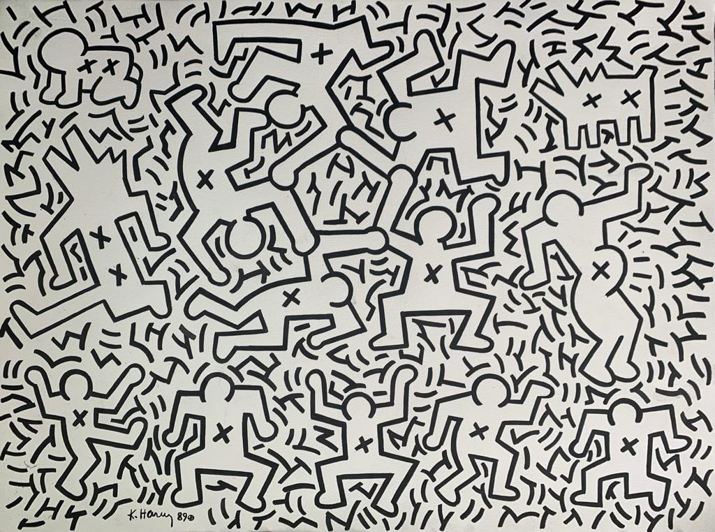 Keith Haring American 1958 - 1990Ink on Paper Painting Appraisal Warhol Haring Pop Art Era.: This ink on paper artwork features distinct black and white characters that are highly characteristic of the artist's style. It is an exceptional and substantial piece, measuring 22 x 30 inches, and i