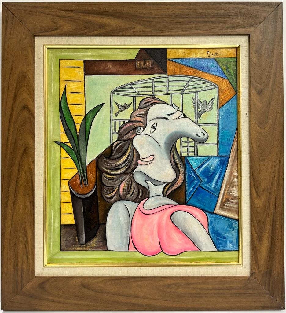 Pablo Picasso Spanish 1881-1973 Oil On Canvas Painting Magritte Dali Braque Juan Gris Era: A captivating oil painting on canvas, measuring 20 x 18 inches, showcases a subject with a distinctive nose. The artwork is part of a private collection in Europe and has been expertly crafted using o