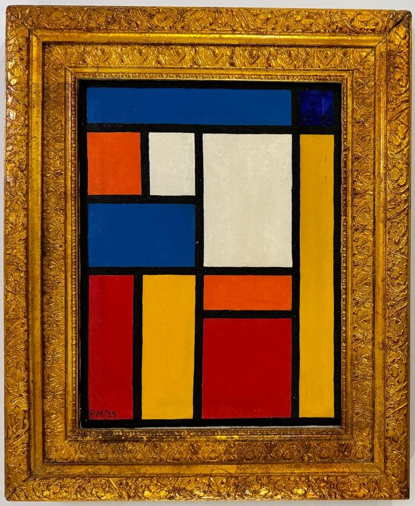 Piet Mondrian 1872-1944 Dutch Oil on Canvas COA Klee Abstract Era: This oil on canvas painting, measuring 21 x 17 inches, employs an abstract technique featuring predominant blue, yellow, white, orange, red, and black colors. Originating from a private collection in 