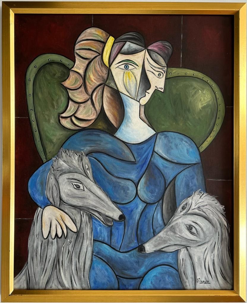 Pablo Picasso Spanish 1881 1973 Oil on Canvas Painting Sitting Woman with Dogs, Dali,Magritte Era (1 of 7)